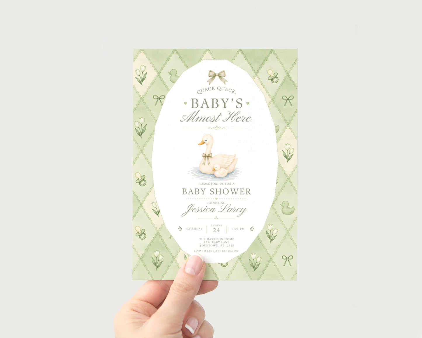 Silly Goose Baby Invitation - Sage Green