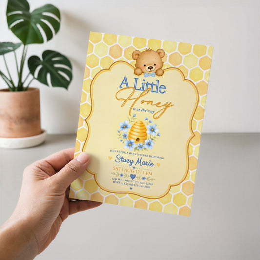 A Little Honey Yellow Baby Invitation - Blue