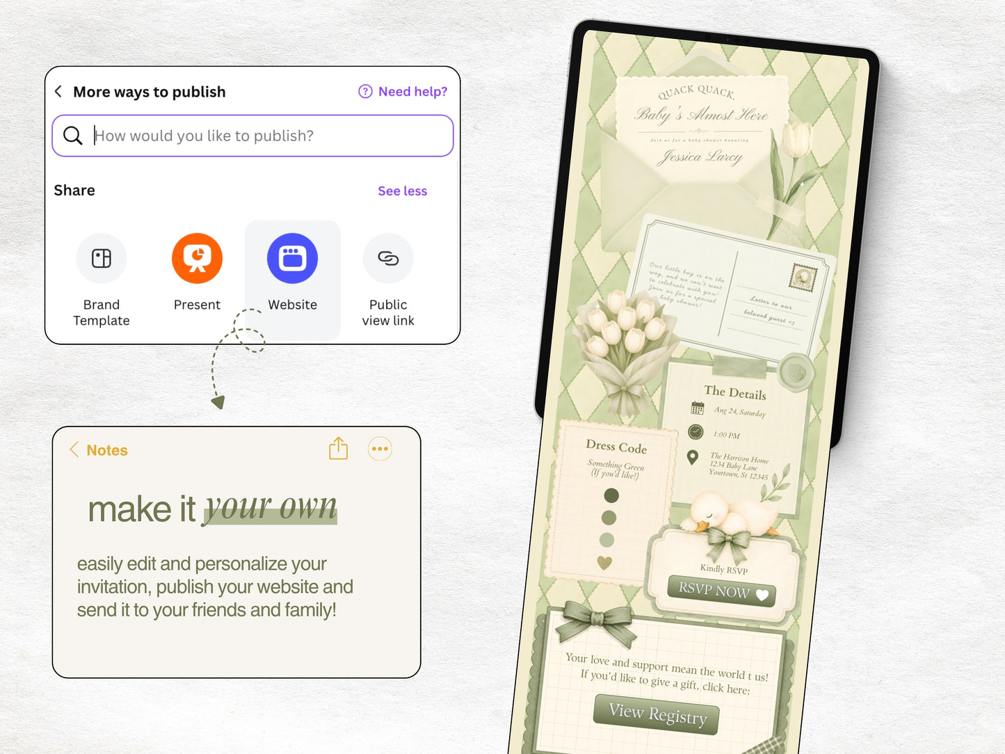 Silly Goose Baby Shower Website - Sage Green