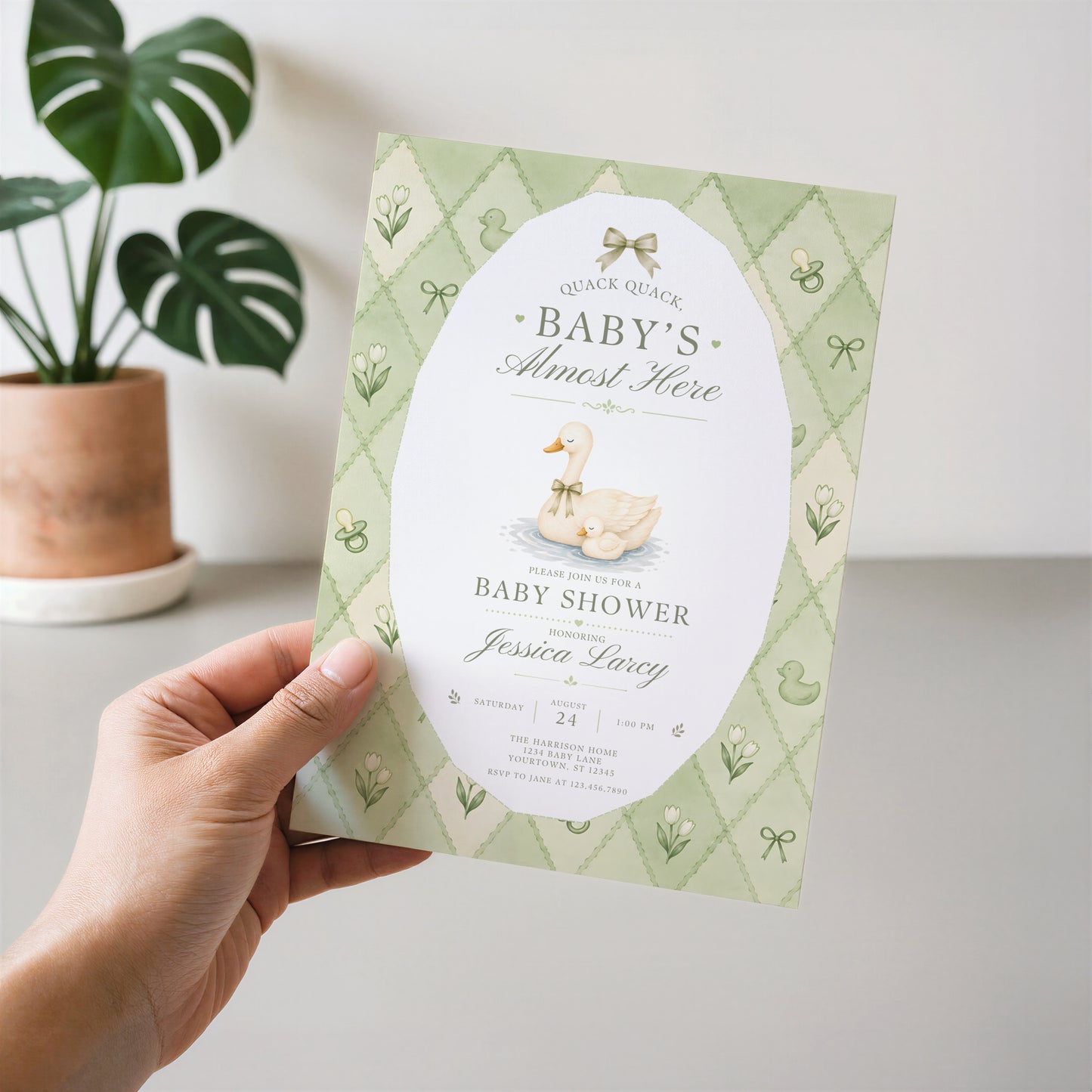 Silly Goose Baby Invitation - Sage Green