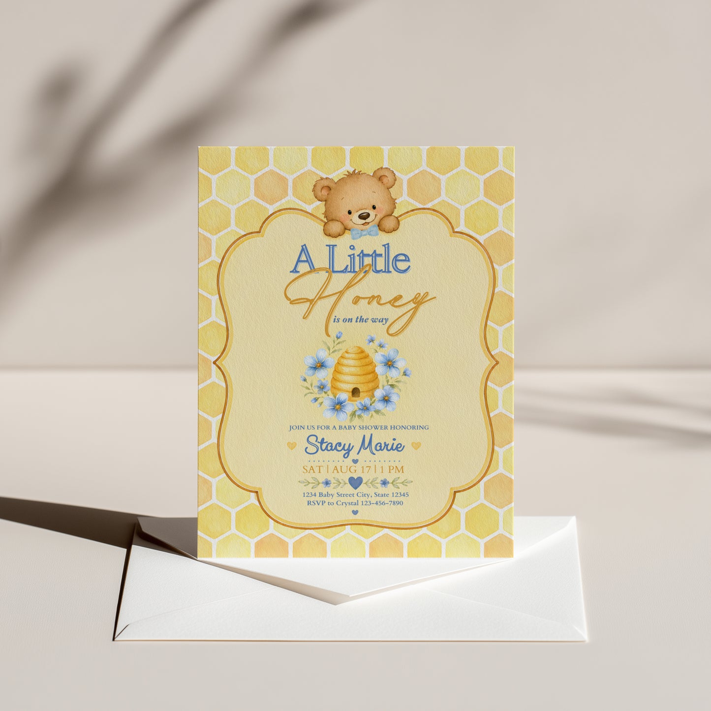A Little Honey Yellow Baby Invitation - Blue