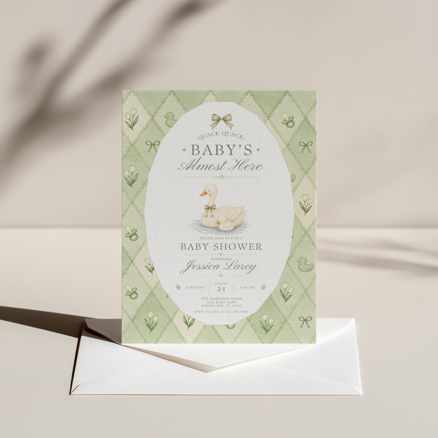 Silly Goose Baby Invitation - Sage Green