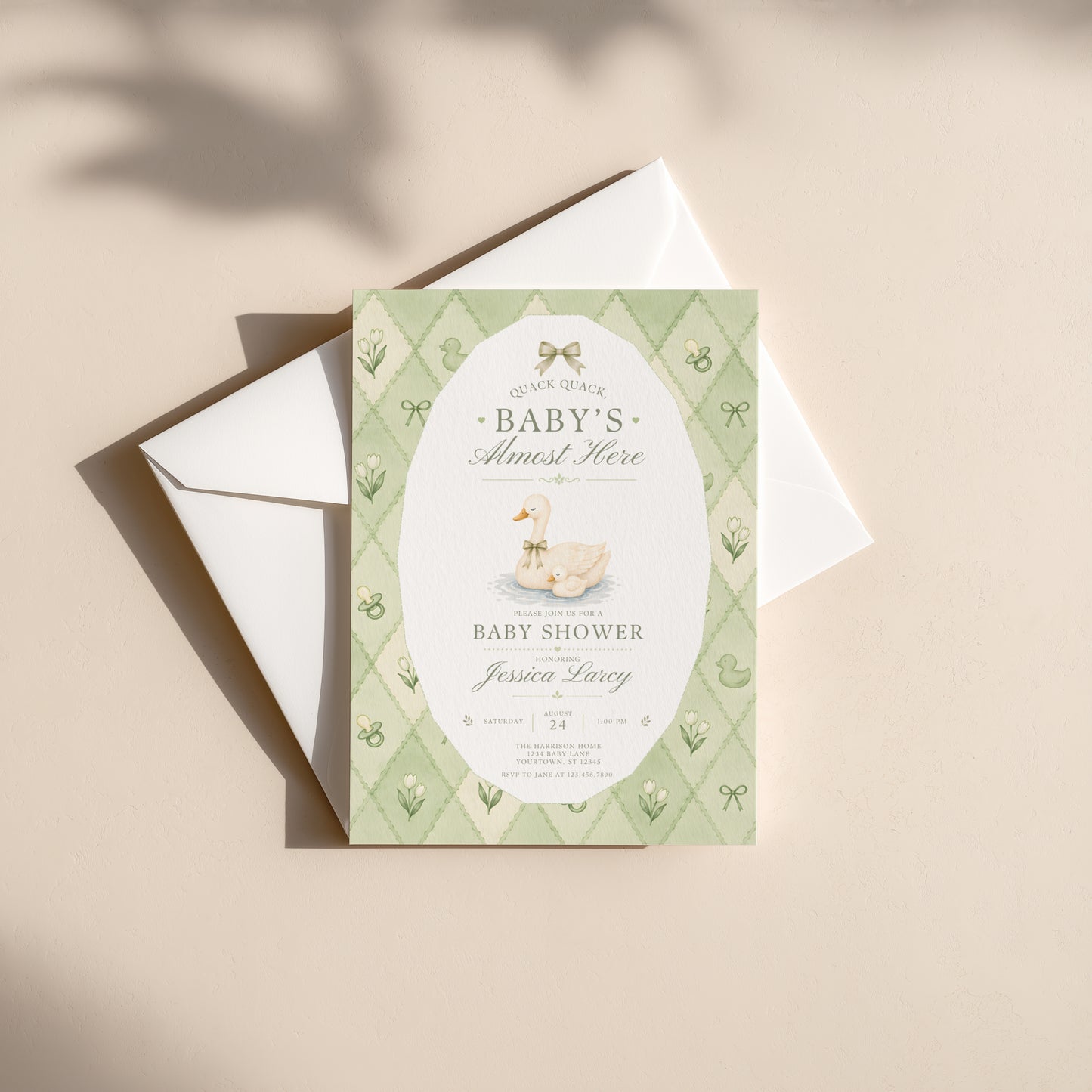 Silly Goose Baby Invitation - Sage Green