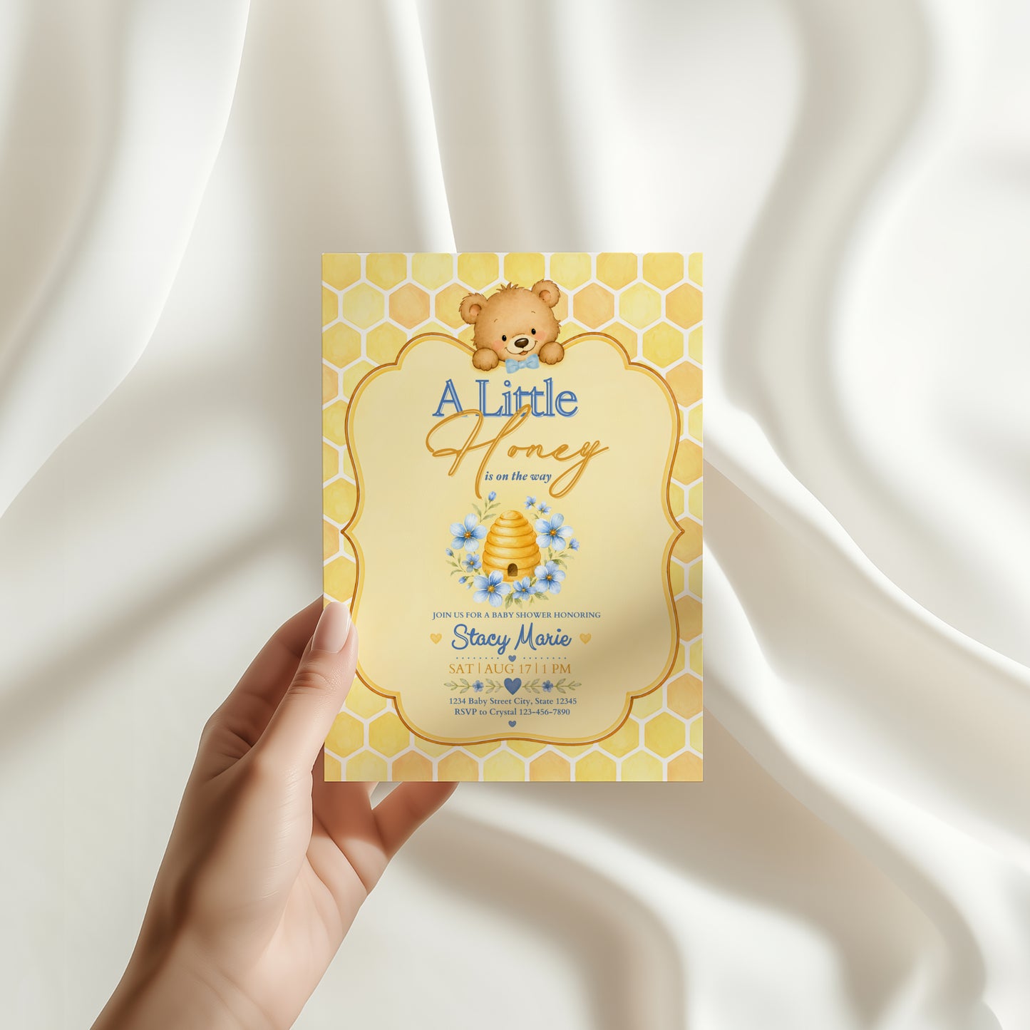 A Little Honey Yellow Baby Invitation - Blue