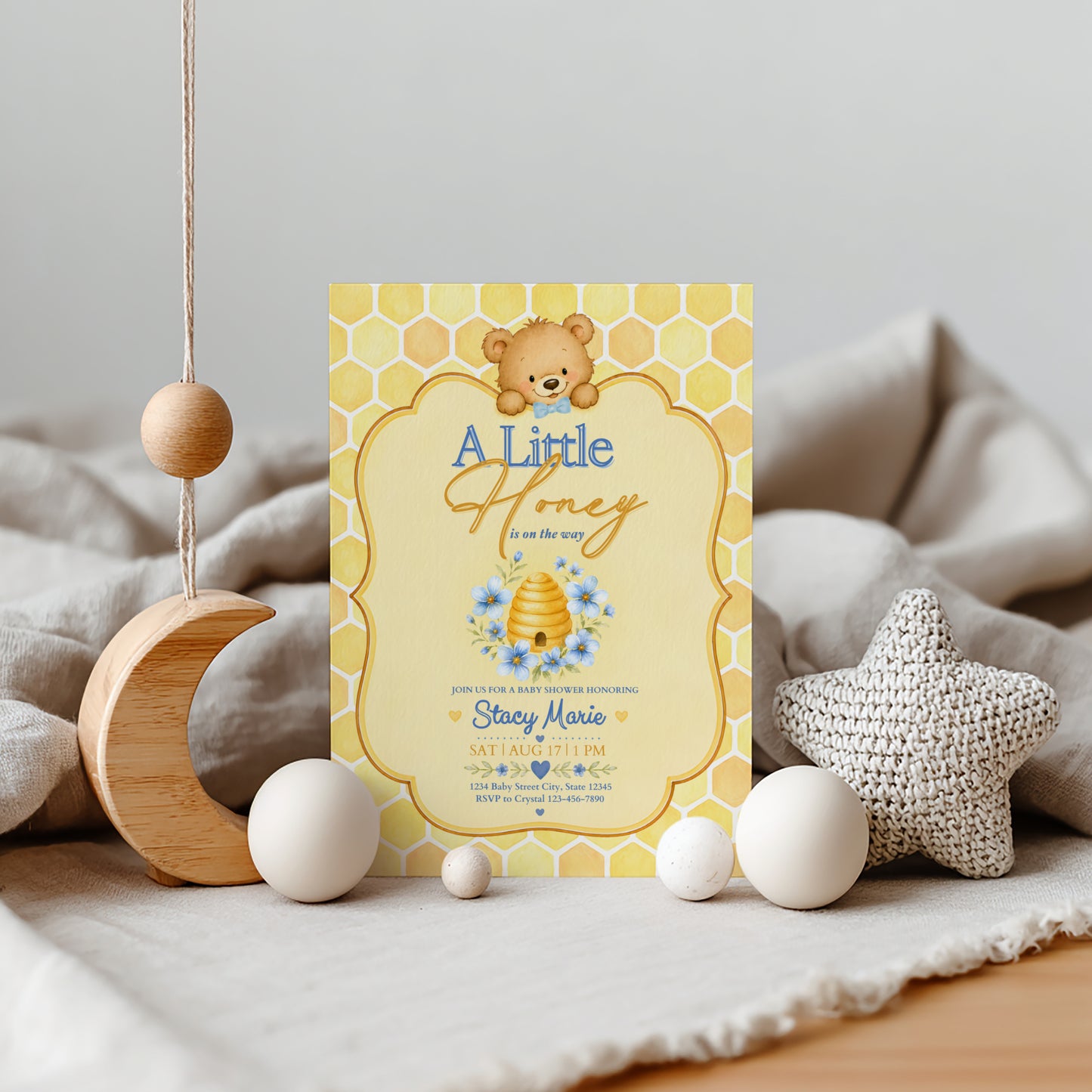 A Little Honey Yellow Baby Invitation - Blue
