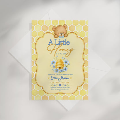 A Little Honey Yellow Baby Invitation - Blue